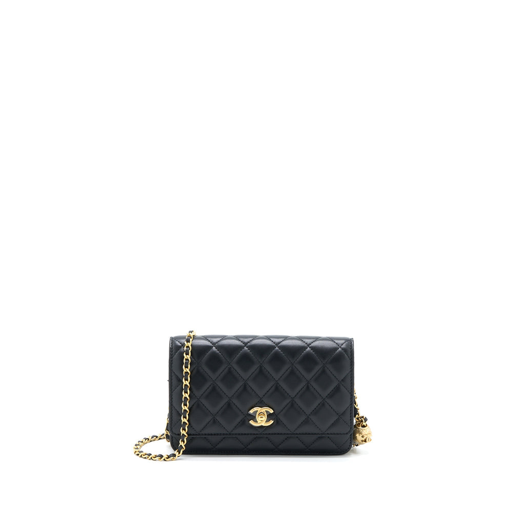 CHANEL PEARL CRUSH WALLET ON CHAIN LAMBSKIN BLACK BRUSHED GHW (MICROCHIP)