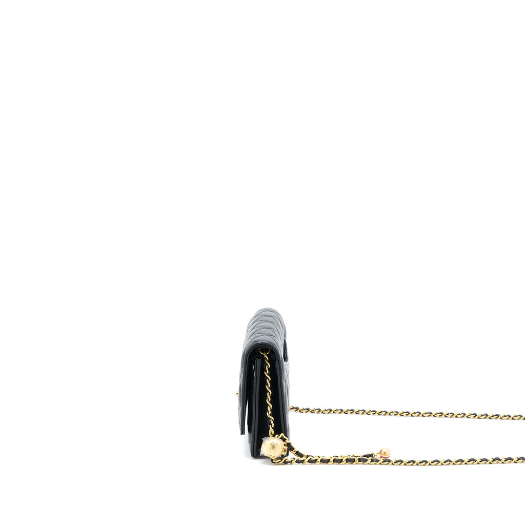 CHANEL PEARL CRUSH WALLET ON CHAIN LAMBSKIN BLACK BRUSHED GHW (MICROCHIP)