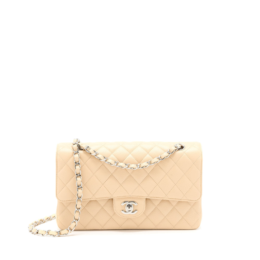 CHANEL CLASSIC DOUBLE FLAP BAG CAVIAR LIGHT BEIGE SHW