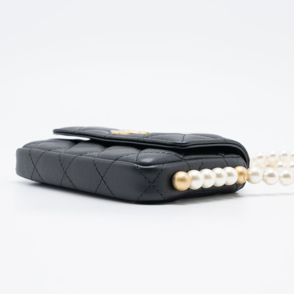 CHANEL PEARL CHAIN MINI FLAP BAG LAMBSKIN BLACK BRUSHED GHW