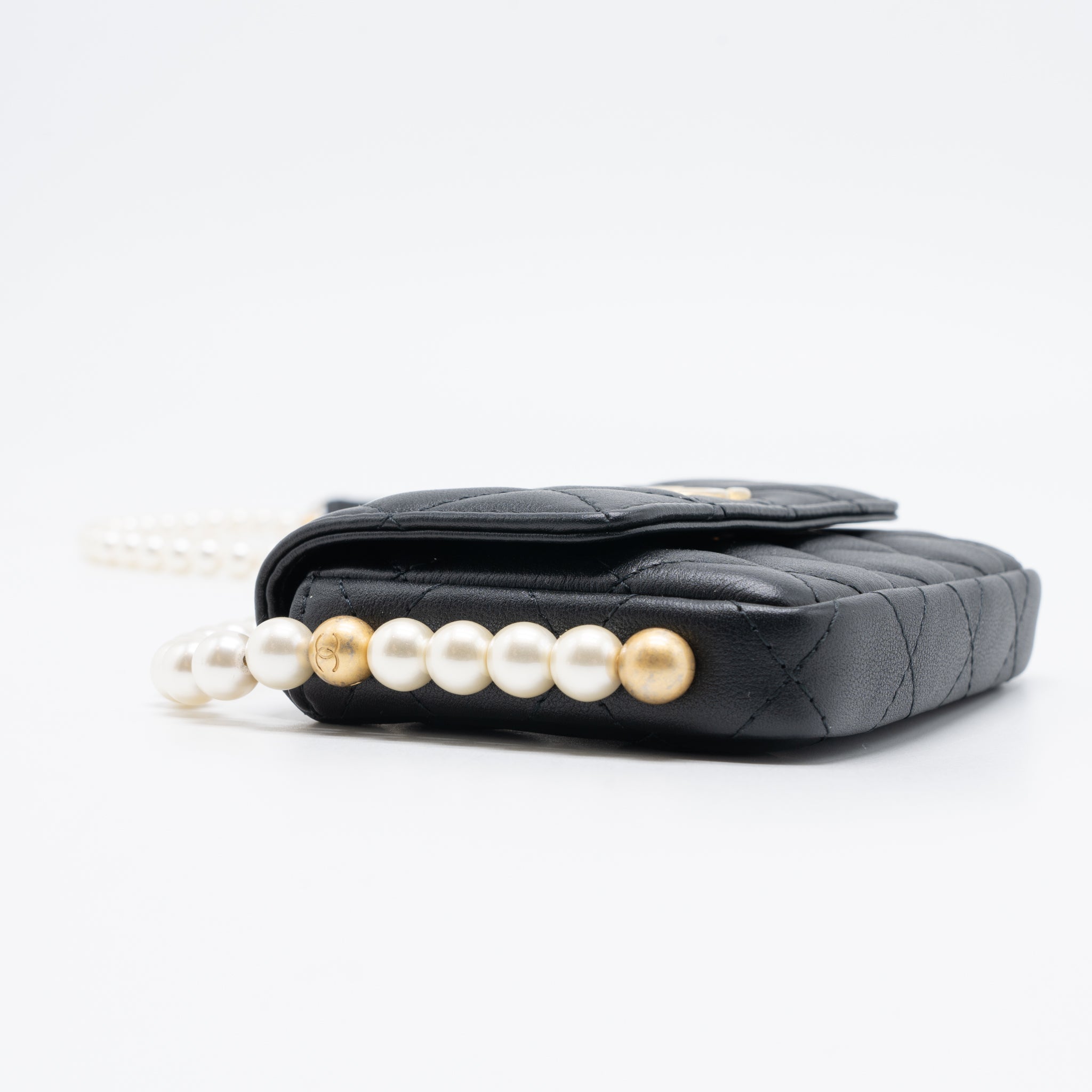 CHANEL PEARL CHAIN MINI FLAP BAG LAMBSKIN BLACK BRUSHED GHW