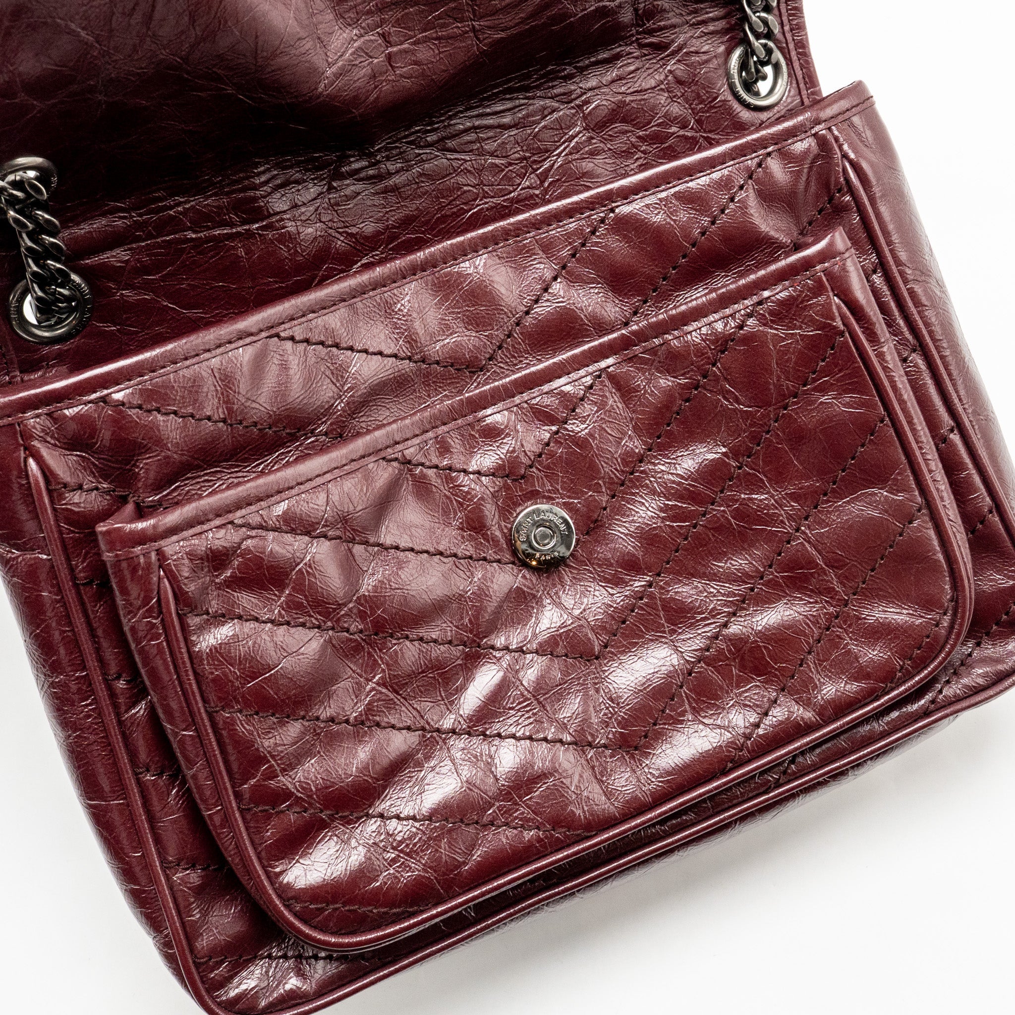 SAINT LAURENT YSL MEDIUM NIKI SHOULDER BAG CALFSKIN BURGUNDY RUTHENIUM SHW