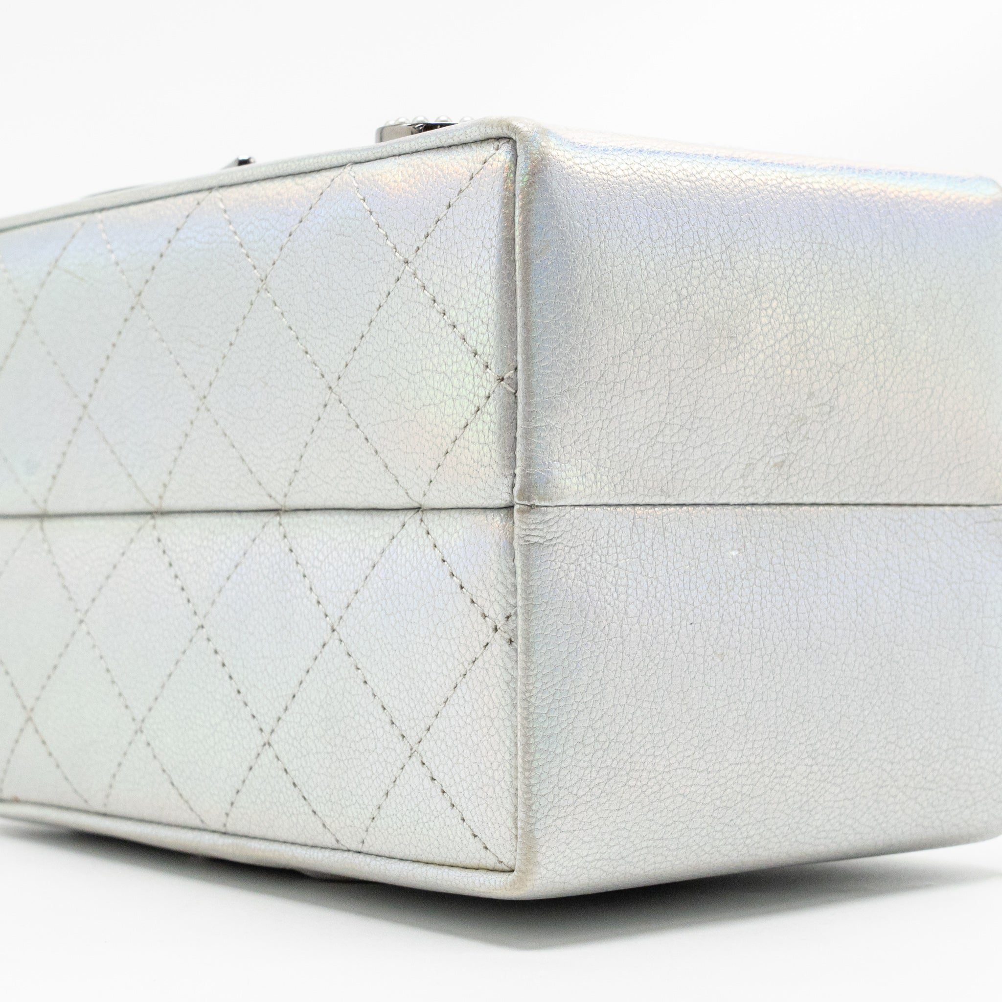 CHANEL 14K LIMITED EDITION RUNWAY LAIT DE COCO MILK CARTON EVENING CHAIN BAG GOATSKIN IRIDESCENT SILVER SHINY RUTHENIUM HARDWARE