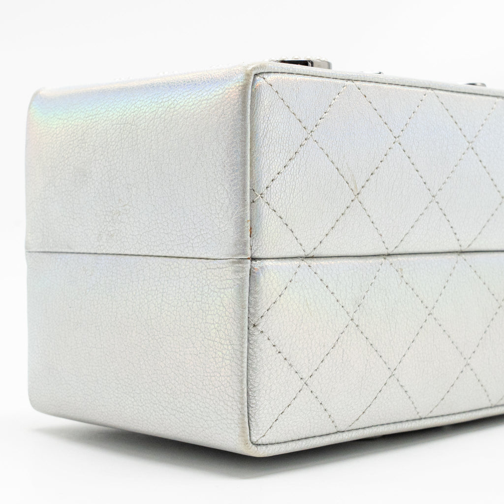 CHANEL 14K LIMITED EDITION RUNWAY LAIT DE COCO MILK CARTON EVENING CHAIN BAG GOATSKIN IRIDESCENT SILVER SHINY RUTHENIUM HARDWARE