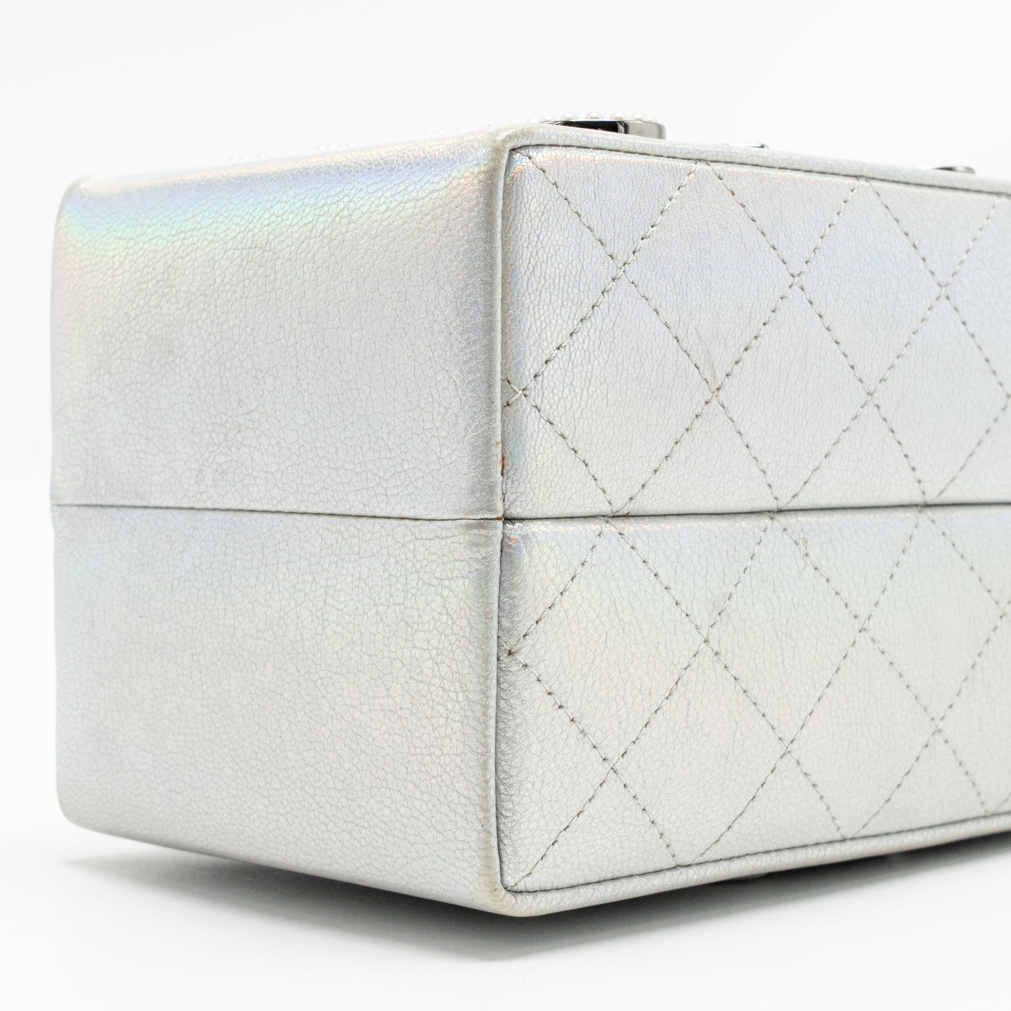 CHANEL 14K LIMITED EDITION RUNWAY LAIT DE COCO MILK CARTON EVENING CHAIN BAG GOATSKIN IRIDESCENT SILVER SHINY RUTHENIUM HARDWARE