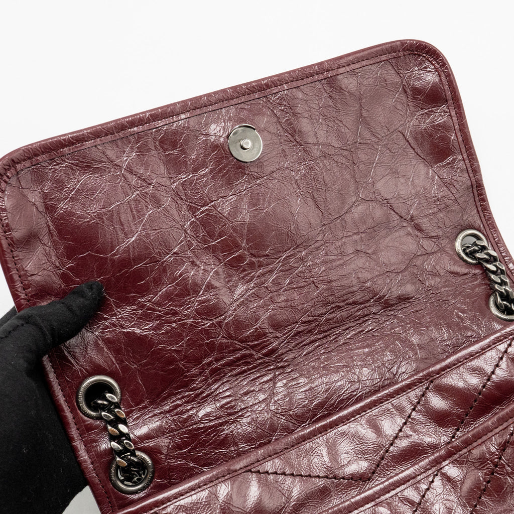 SAINT LAURENT YSL MEDIUM NIKI SHOULDER BAG CALFSKIN BURGUNDY RUTHENIUM SHW