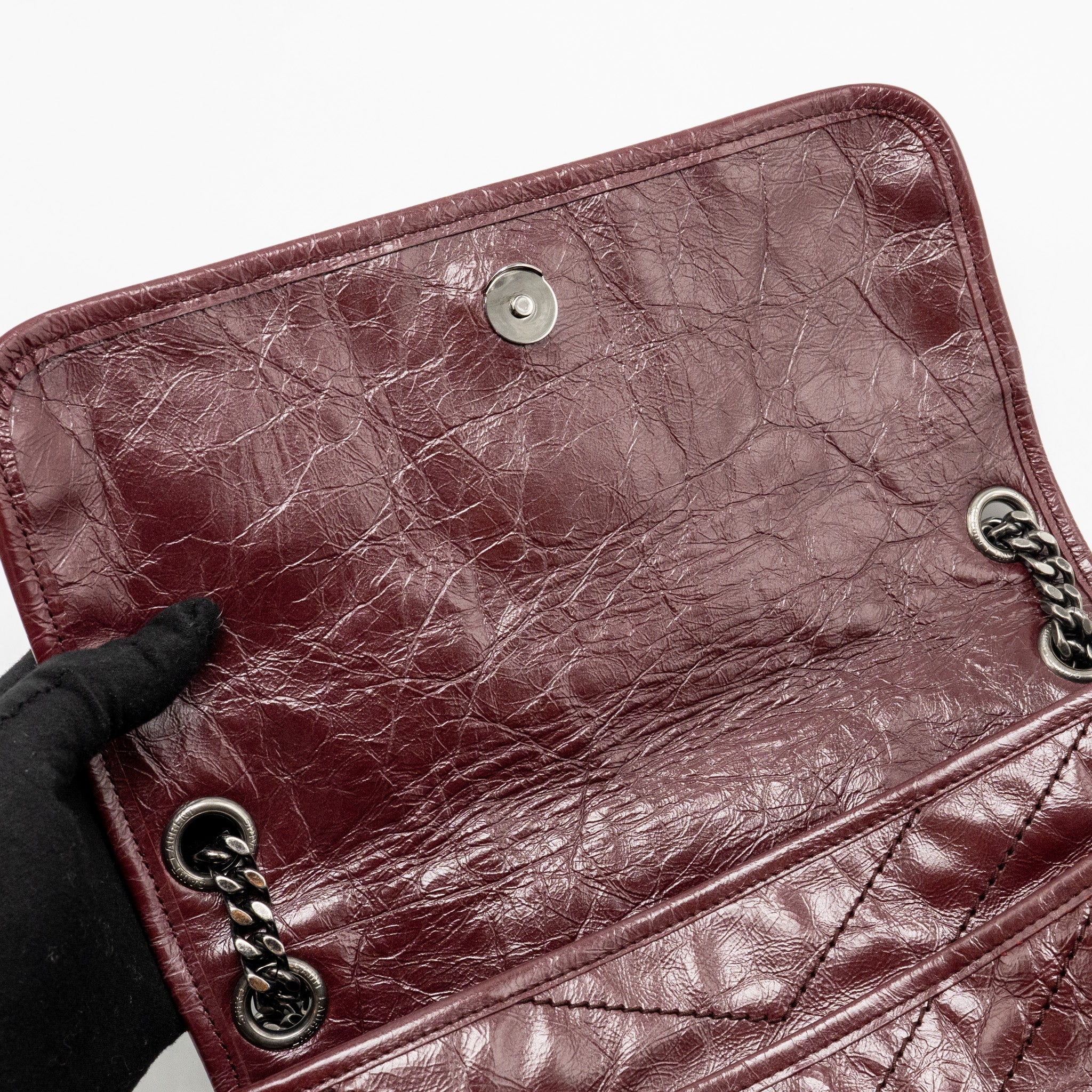SAINT LAURENT YSL MEDIUM NIKI SHOULDER BAG CALFSKIN BURGUNDY RUTHENIUM SHW