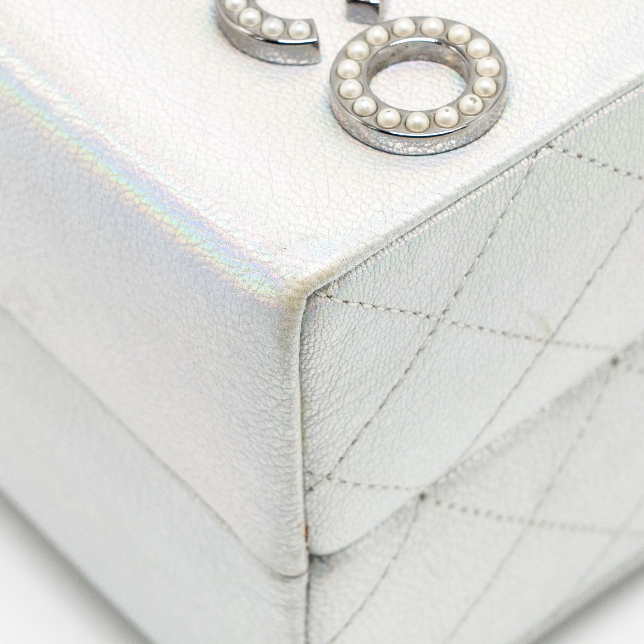 CHANEL 14K LIMITED EDITION RUNWAY LAIT DE COCO MILK CARTON EVENING CHAIN BAG GOATSKIN IRIDESCENT SILVER SHINY RUTHENIUM HARDWARE