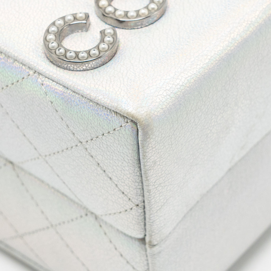 CHANEL 14K LIMITED EDITION RUNWAY LAIT DE COCO MILK CARTON EVENING CHAIN BAG GOATSKIN IRIDESCENT SILVER SHINY RUTHENIUM HARDWARE