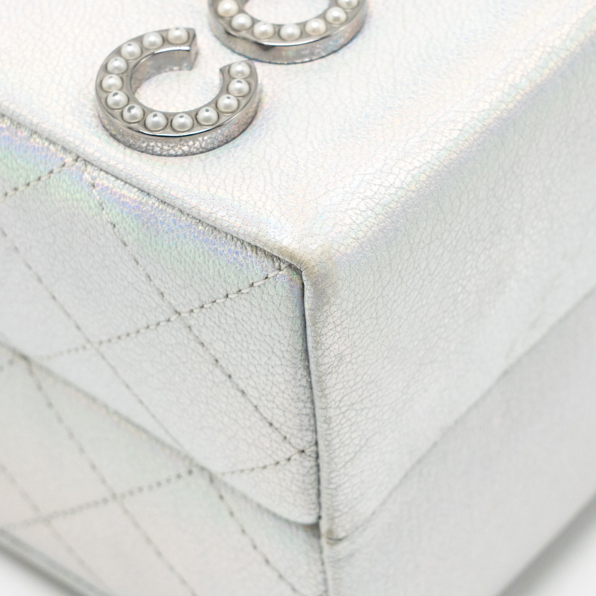 CHANEL 14K LIMITED EDITION RUNWAY LAIT DE COCO MILK CARTON EVENING CHAIN BAG GOATSKIN IRIDESCENT SILVER SHINY RUTHENIUM HARDWARE