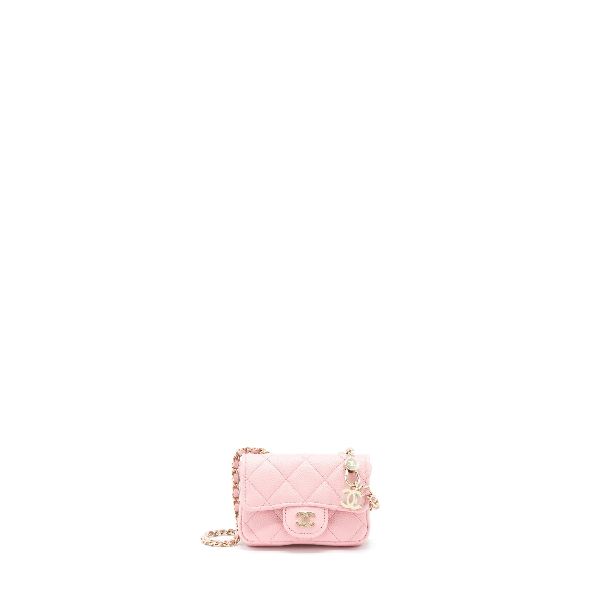 CHANEL 22P MINI FLAP BELT BAG/CARD HOLDER CAVIAR LIGHT PINK LGHW