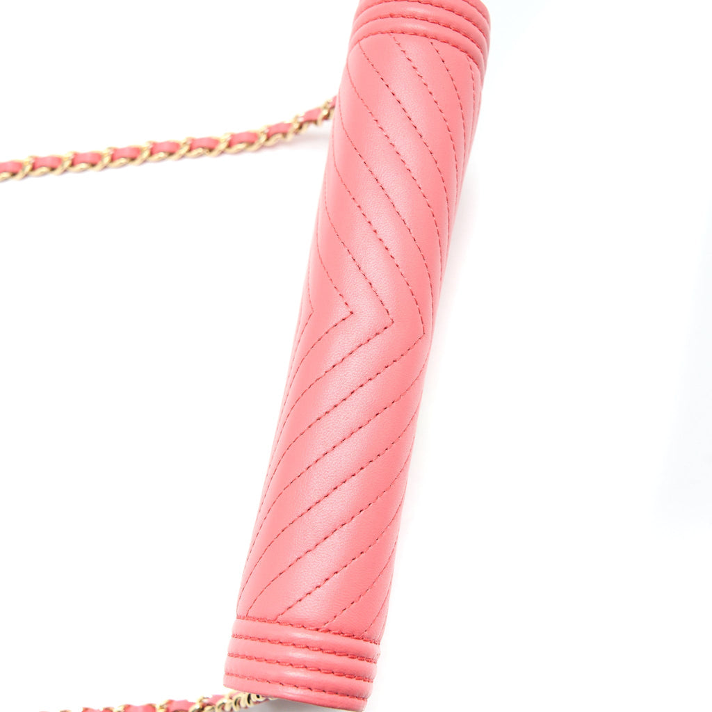 CHANEL BOY WALLET ON CHAIN CHEVRON CALFSKIN PINK LGHW
