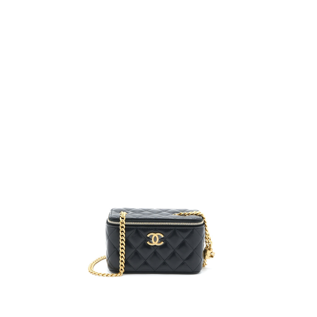 CHANEL 22K GOLD PILLAR ADJUSTABLE CHAIN LONG VANITY LAMBSKIN BLACK GHW