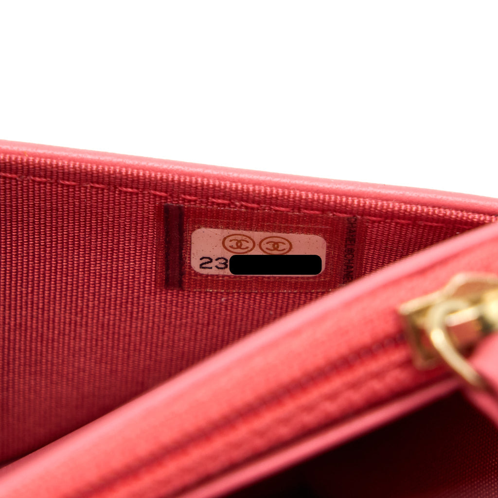 CHANEL BOY WALLET ON CHAIN CHEVRON CALFSKIN PINK LGHW