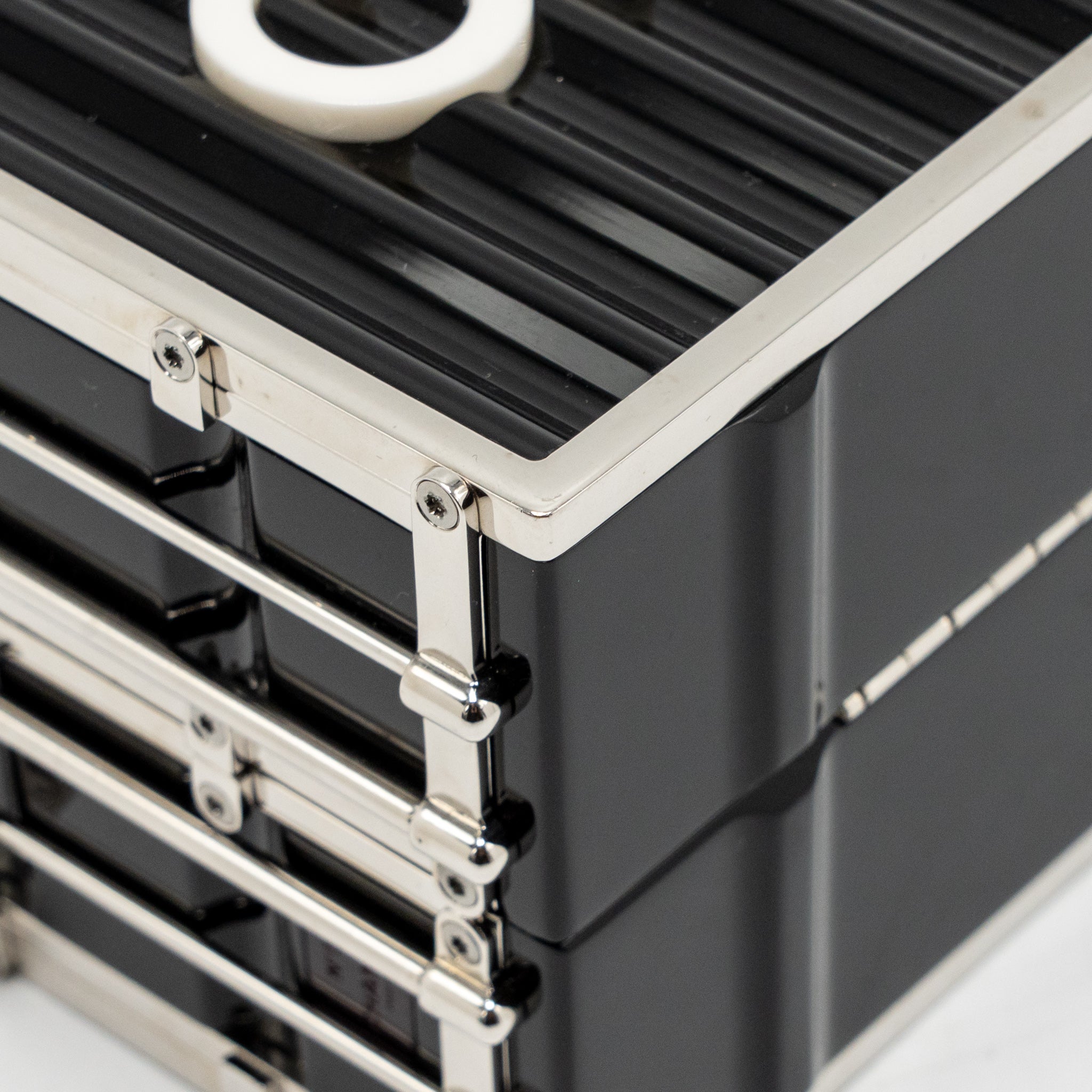 CHANEL 18A PARIS HAMBURG MINAUDIERE SHIPPING CONTAINER EVENING CLUTCH PLEXIGLASS/METAL BLACK SHW