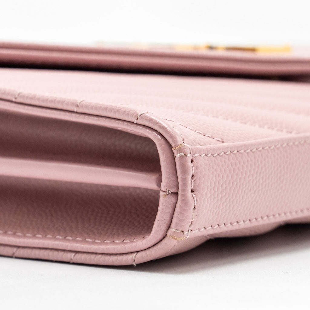 SAINT LAURENT / YSL CASSANDRE MATELASSE WALLET ON CHAIN GRAINED CALFSKIN PINK GHW