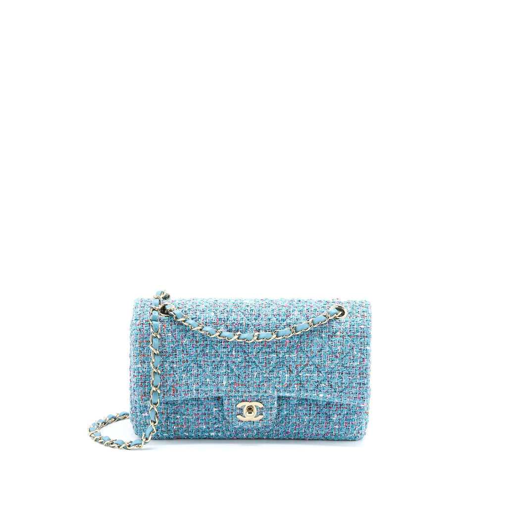 CHANEL TWEED MEDIUM CLASSIC DOUBLE FLAP BAG LIGHT BLUE LGHW
