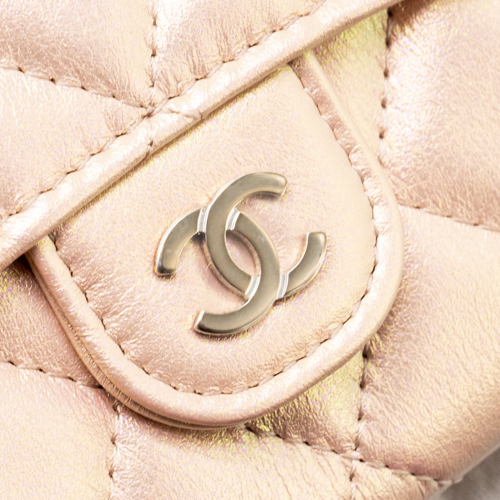 CHANEL QUILTED SMALL CLASSIC FLAP WALLET / CARD HOLDER CALFSKIN IRIDESCENT PINK SHW