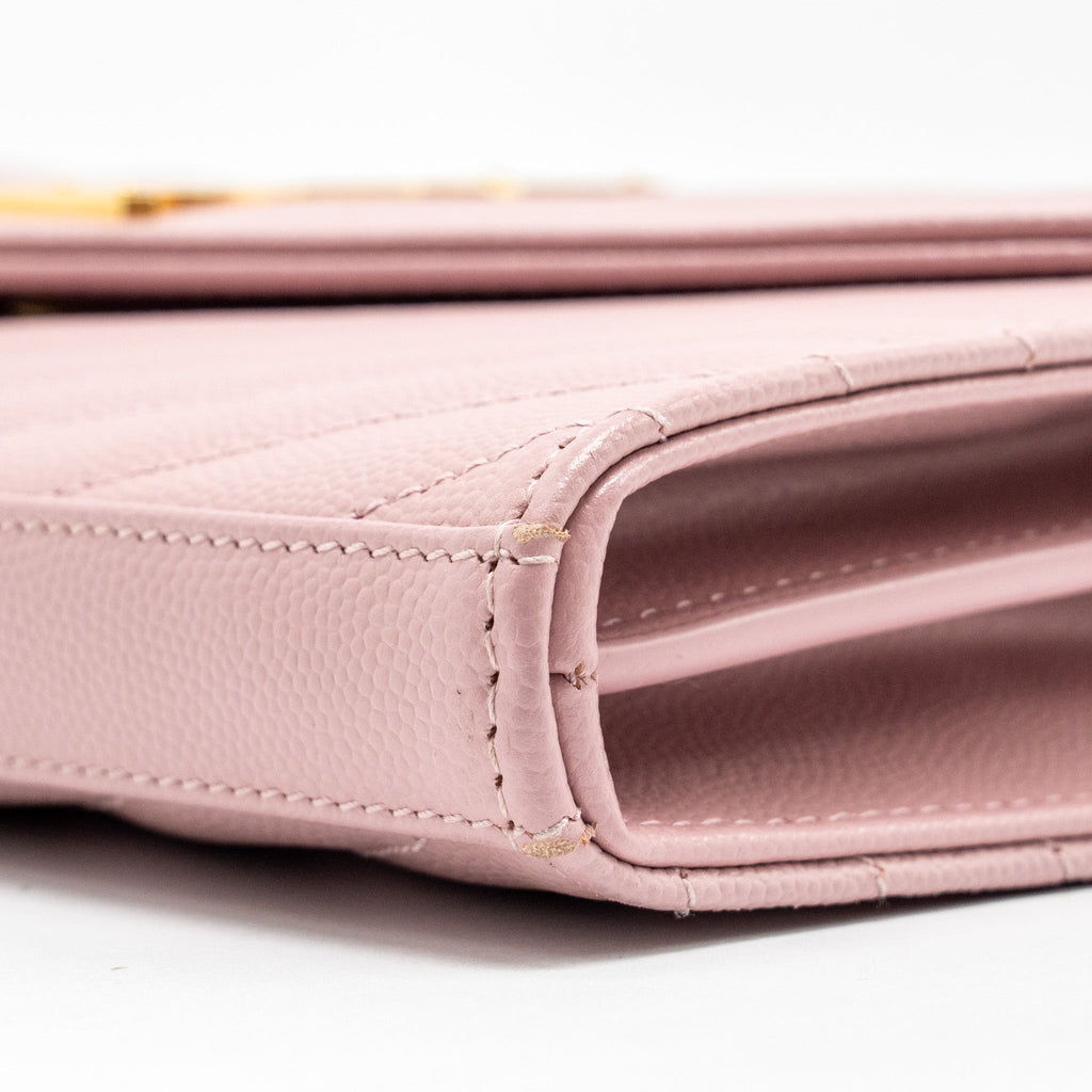 SAINT LAURENT / YSL CASSANDRE MATELASSE WALLET ON CHAIN GRAINED CALFSKIN PINK GHW