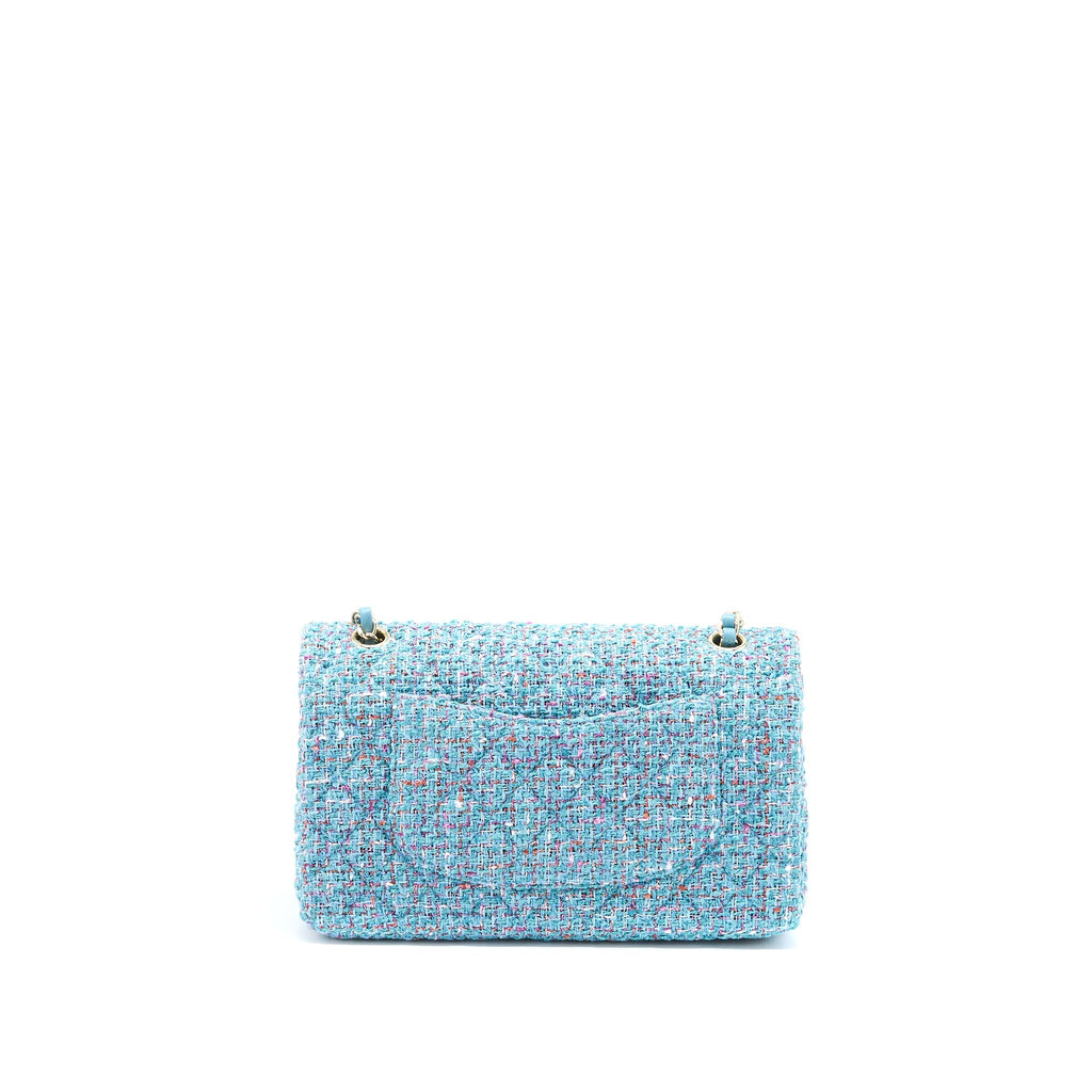 CHANEL TWEED MEDIUM CLASSIC DOUBLE FLAP BAG LIGHT BLUE LGHW