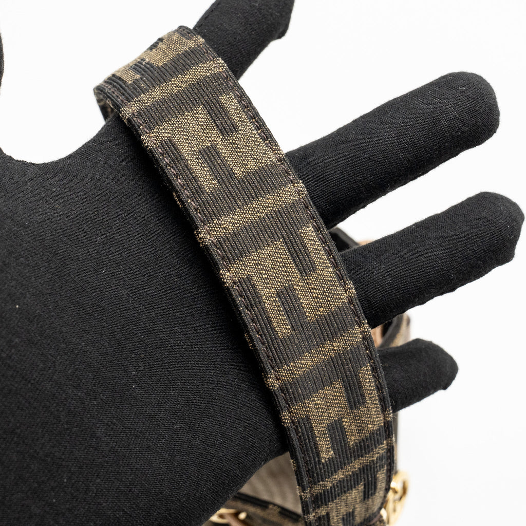 FENDI MINI MON TRESOR BUCKET BAG FF JACQUARD RAFFIA/FABRIC/CALFSKIN BROWN GHW