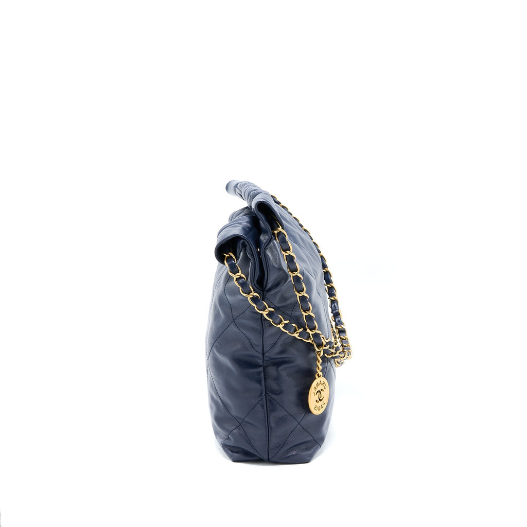 CHANEL SMALL 22 BAG SHINY CALFSKIN NAVY GHW (MICROCHIP)