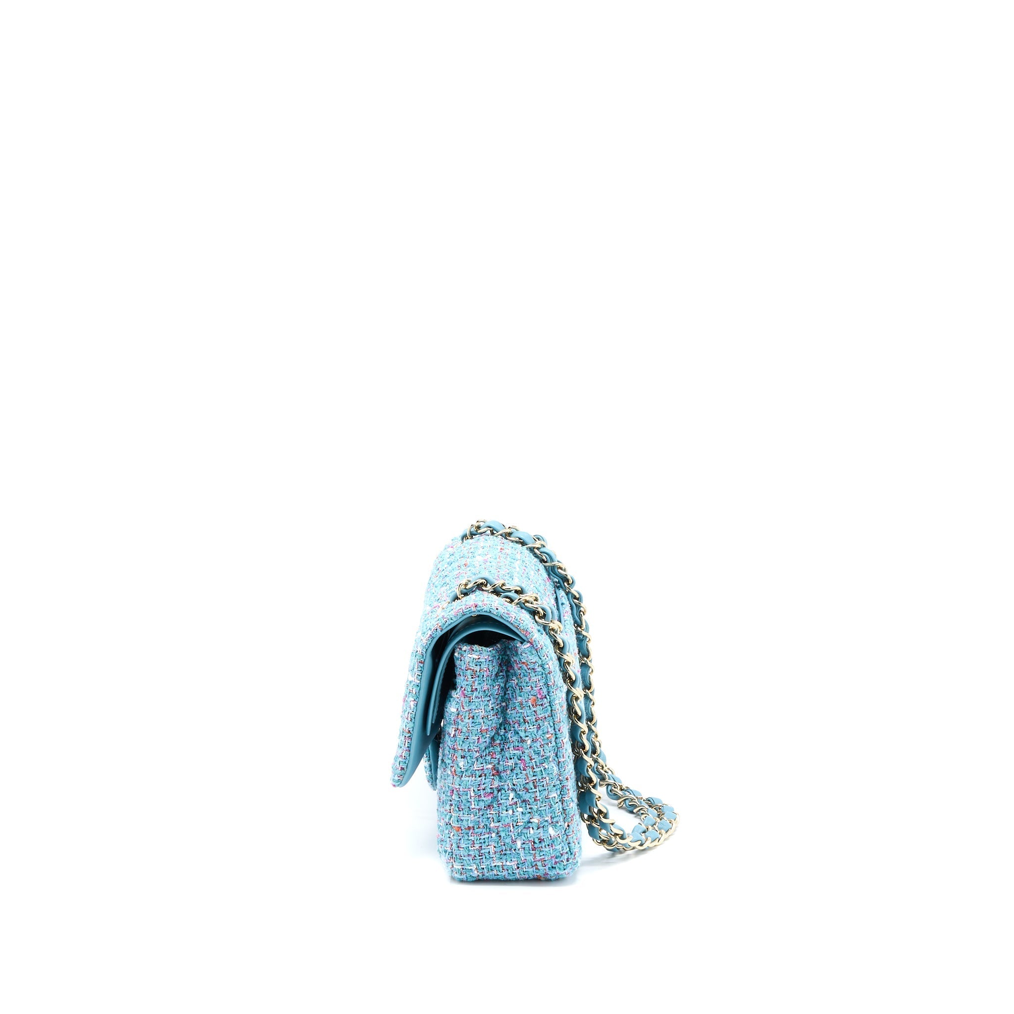 CHANEL TWEED MEDIUM CLASSIC DOUBLE FLAP BAG LIGHT BLUE LGHW