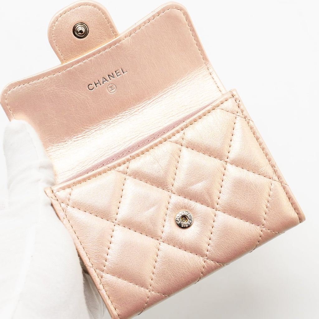 CHANEL QUILTED SMALL CLASSIC FLAP WALLET / CARD HOLDER CALFSKIN IRIDESCENT PINK SHW