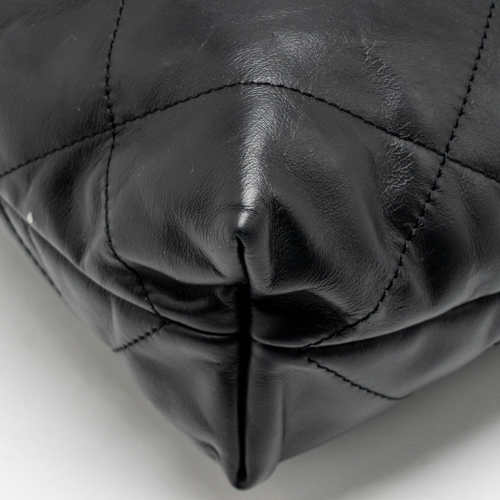 CHANEL SMALL 22 BAG WITH WHITE LETTER LOGO CALFSKIN BLACK GHW (MICROCHIP)