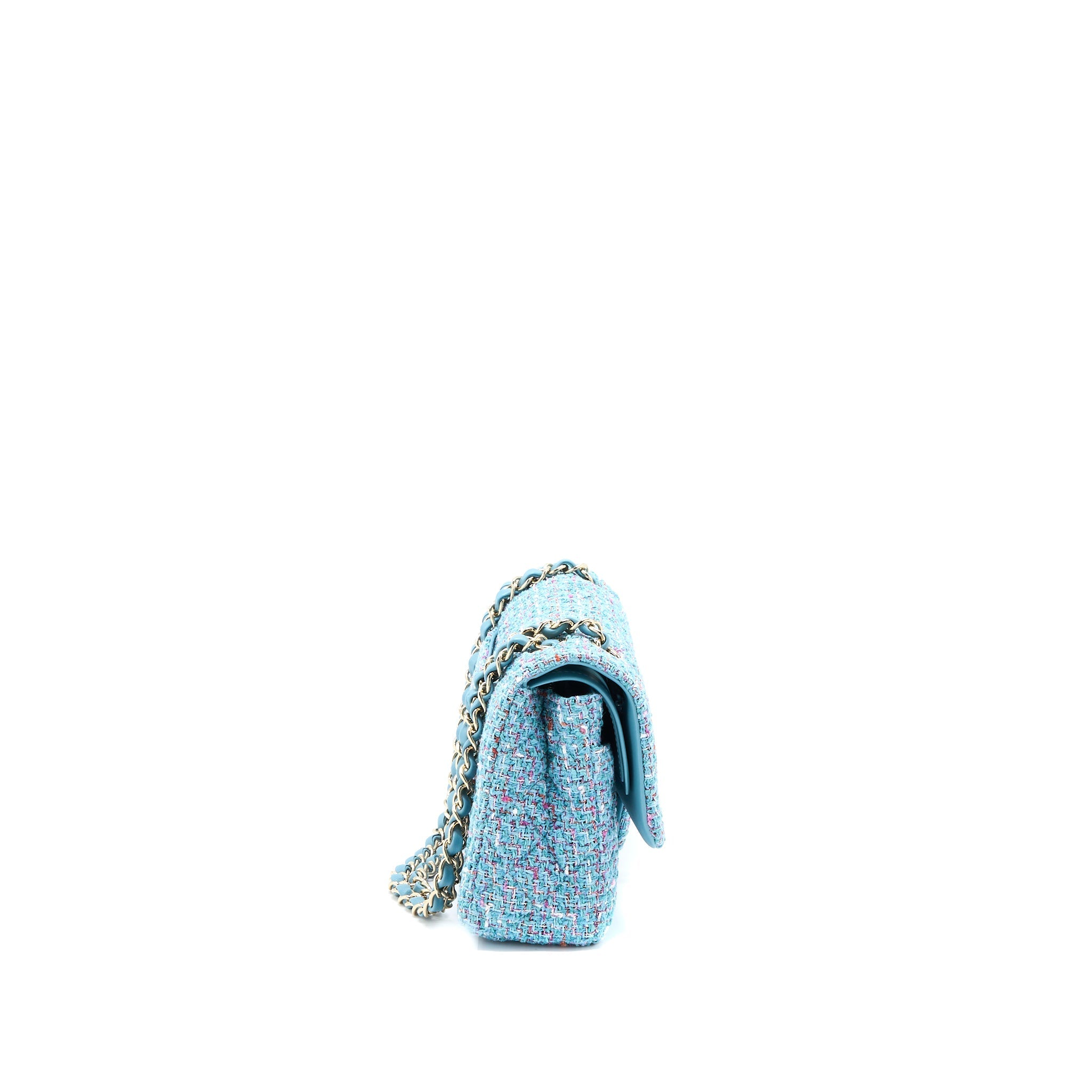 CHANEL TWEED MEDIUM CLASSIC DOUBLE FLAP BAG LIGHT BLUE LGHW
