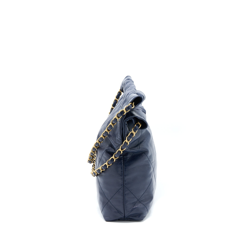 CHANEL SMALL 22 BAG SHINY CALFSKIN NAVY GHW (MICROCHIP)