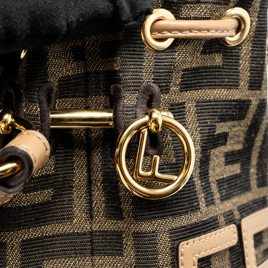 FENDI MINI MON TRESOR BUCKET BAG FF JACQUARD RAFFIA/FABRIC/CALFSKIN BROWN GHW
