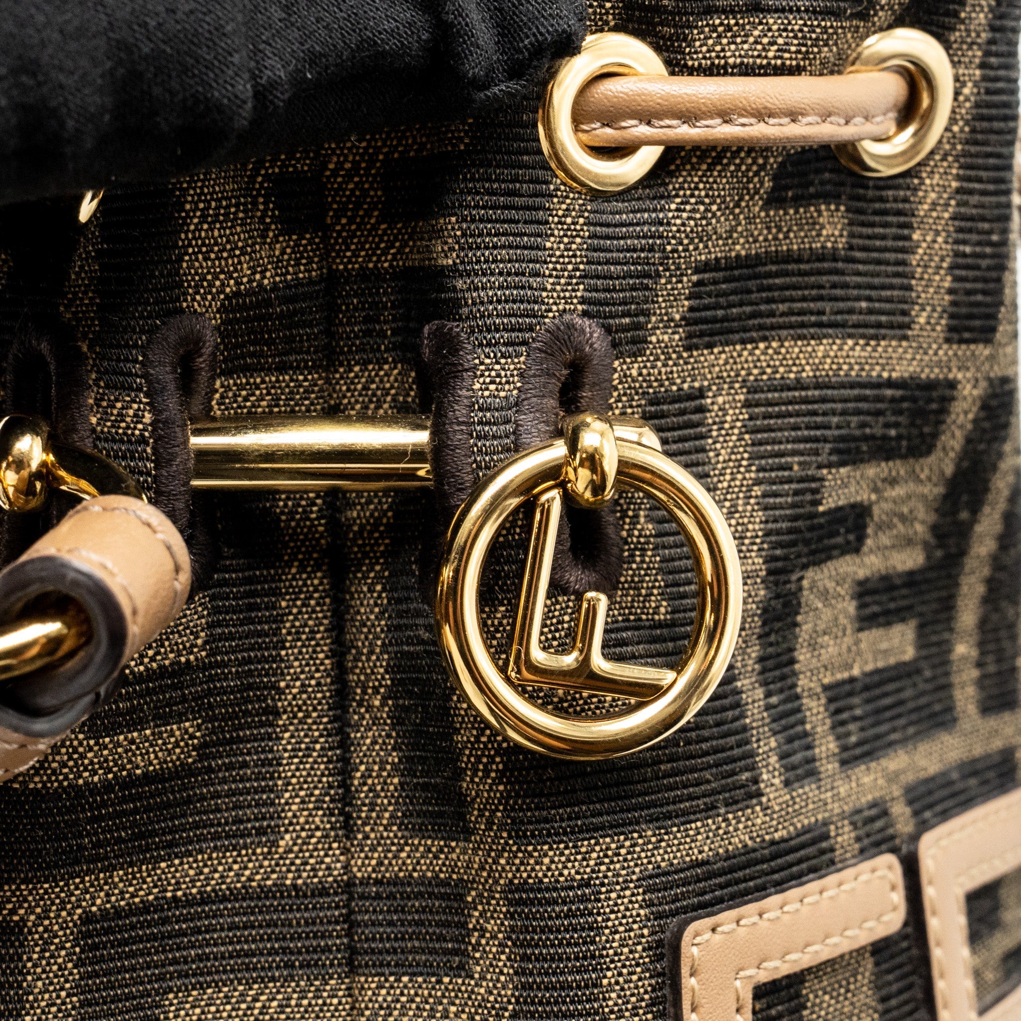FENDI MINI MON TRESOR BUCKET BAG FF JACQUARD RAFFIA/FABRIC/CALFSKIN BROWN GHW