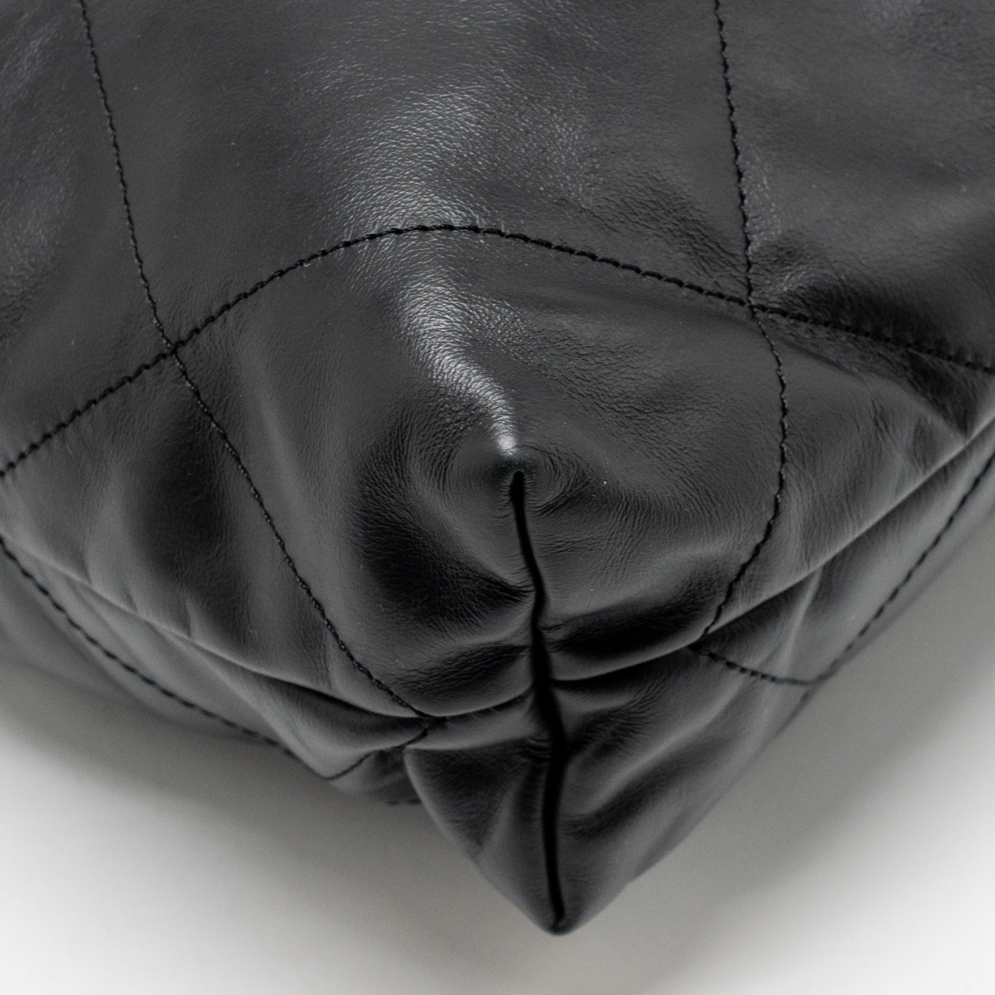 CHANEL SMALL 22 BAG WITH WHITE LETTER LOGO CALFSKIN BLACK GHW (MICROCHIP)