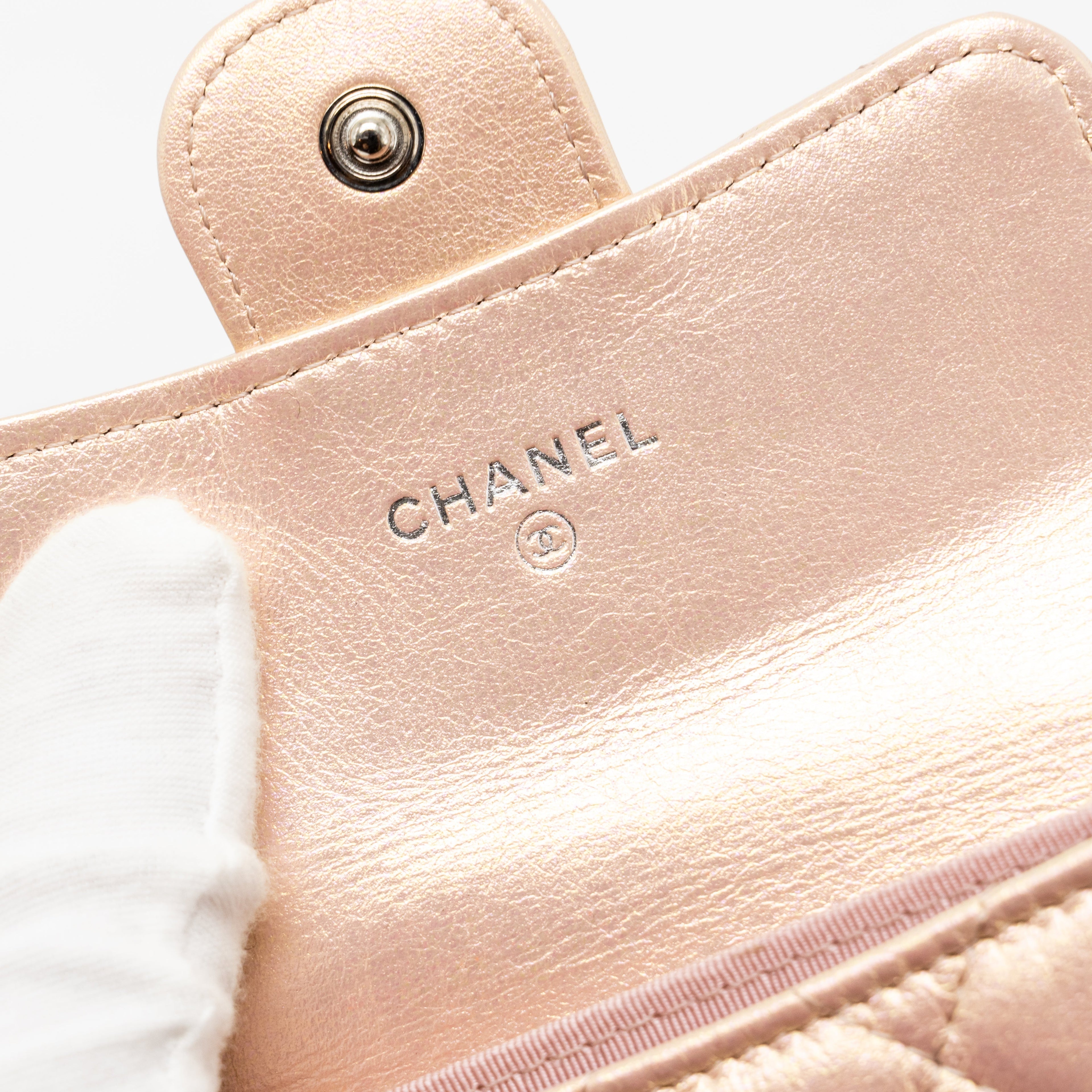 CHANEL QUILTED SMALL CLASSIC FLAP WALLET / CARD HOLDER CALFSKIN IRIDESCENT PINK SHW