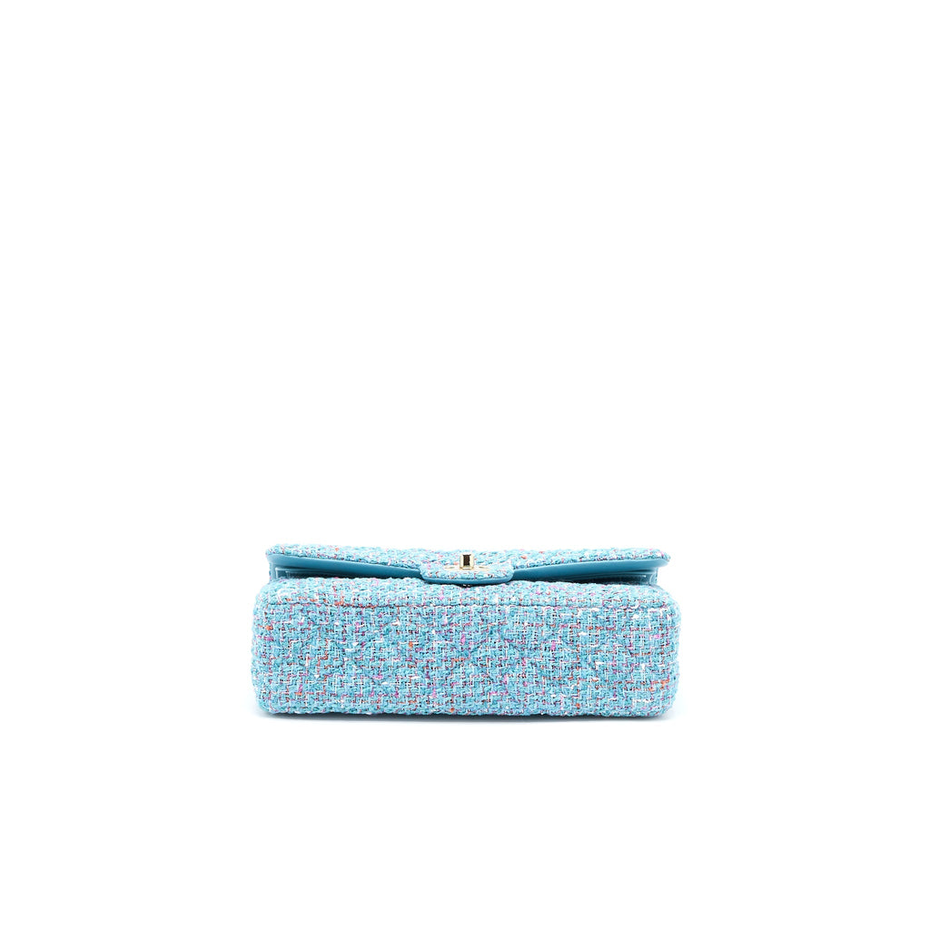 CHANEL TWEED MEDIUM CLASSIC DOUBLE FLAP BAG LIGHT BLUE LGHW
