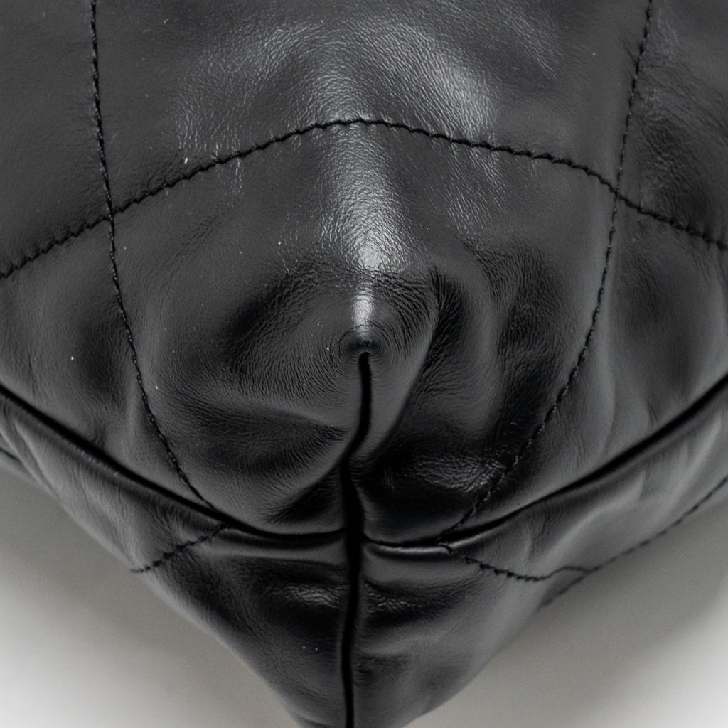 CHANEL SMALL 22 BAG WITH WHITE LETTER LOGO CALFSKIN BLACK GHW (MICROCHIP)