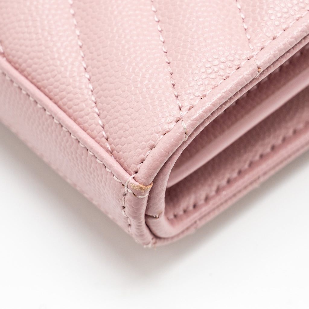 SAINT LAURENT / YSL CASSANDRE MATELASSE WALLET ON CHAIN GRAINED CALFSKIN PINK GHW