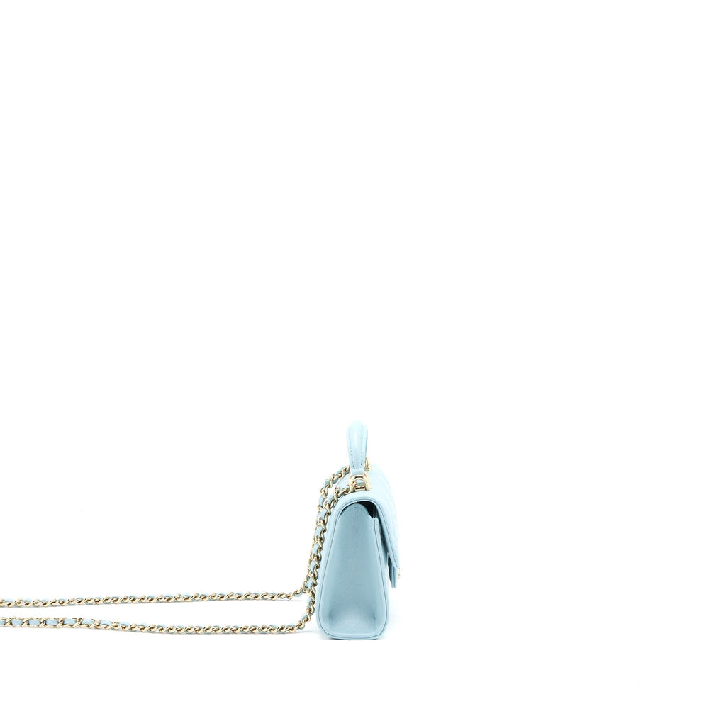CHANEL TOP HANDLE MINI FLAP BAG LAMBSKIN LIGHT BLUE LGHW