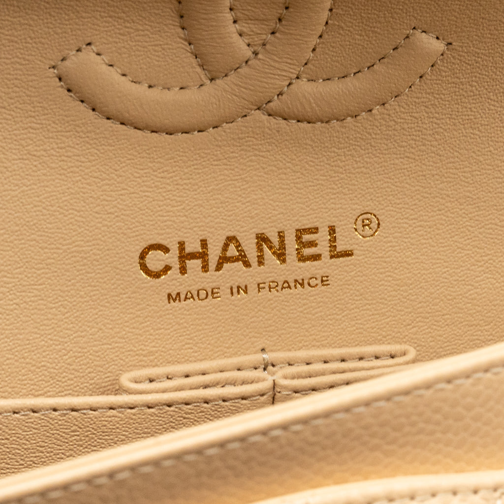 CHANEL SMALL CLASSIC DOUBLE FLAP BAG CAVIAR BEIGE GHW (MICROCHIP)