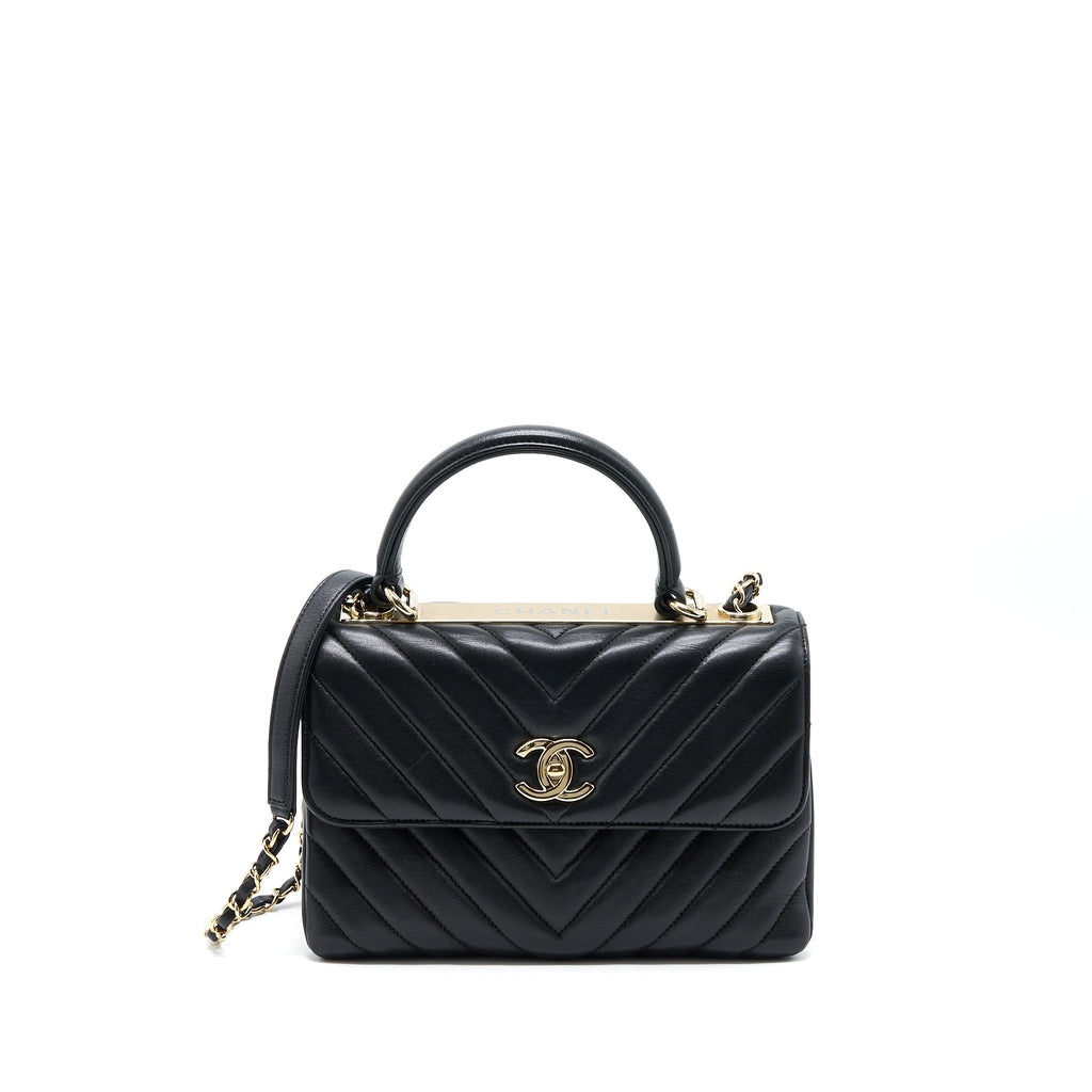CHANEL CHEVRON TRENDY CC TOP HANDLE FLAP BAG LAMBSKIN BLACK LGHW