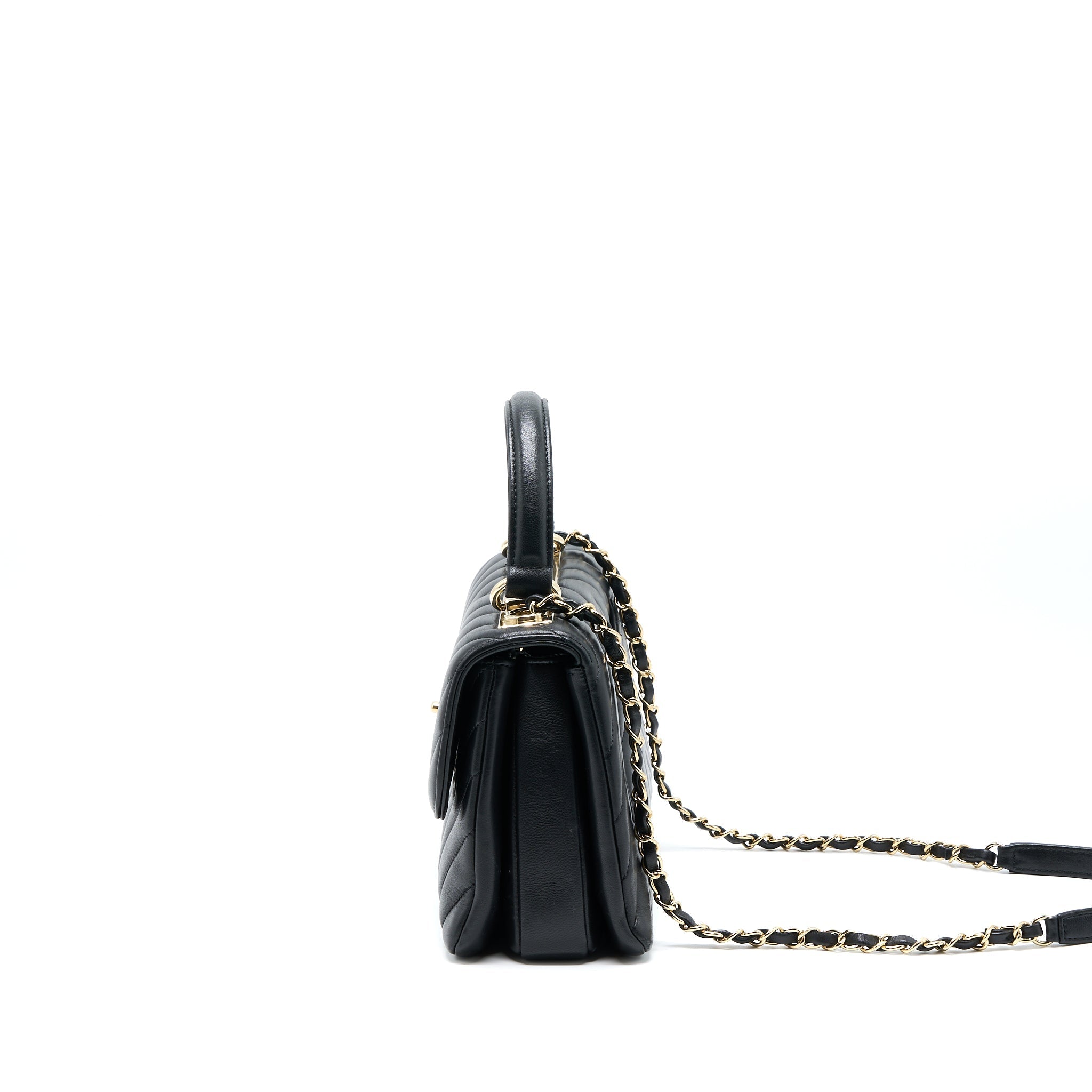 CHANEL CHEVRON TRENDY CC TOP HANDLE FLAP BAG LAMBSKIN BLACK LGHW