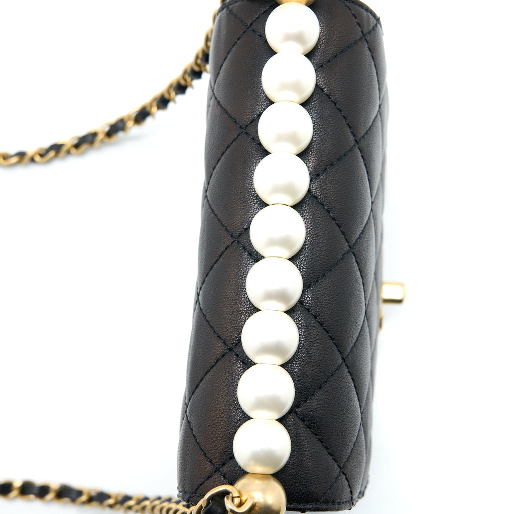 CHANEL VERTICAL PEARL FLAP BAG GOATSKIN BLACK BRUSHED GHW
