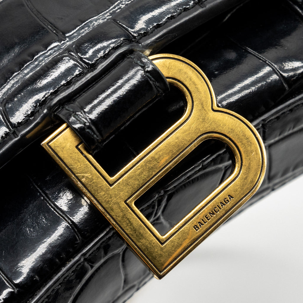 BALENCIAGA HOURGLASS WALLET ON CHAIN CROC EMBOSSED CALFSKIN BLACK GHW