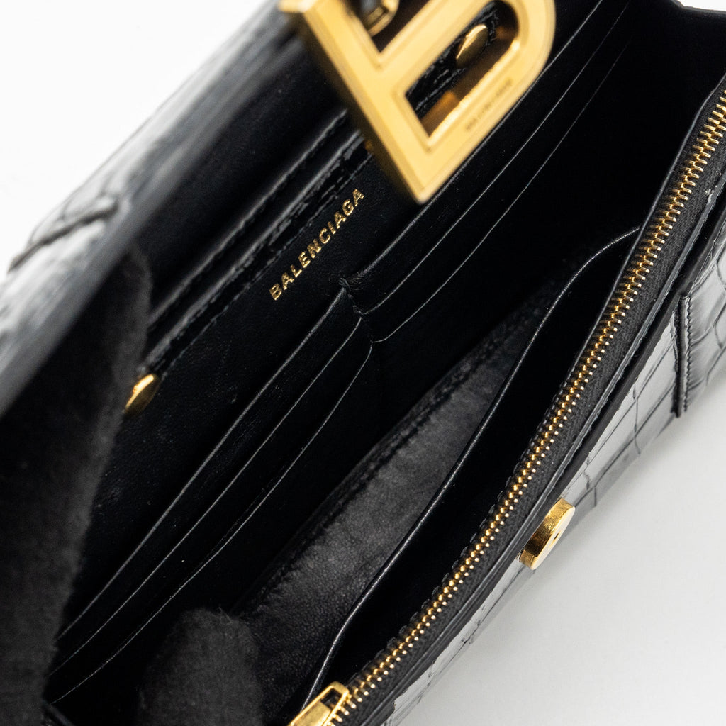 BALENCIAGA HOURGLASS WALLET ON CHAIN CROC EMBOSSED CALFSKIN BLACK GHW