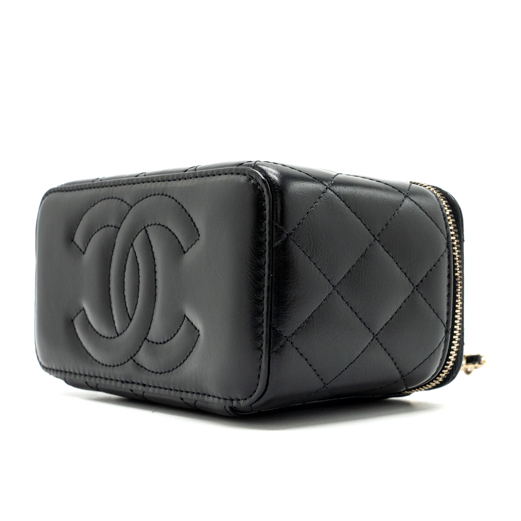 CHANEL LONG VANITY CASE WITH CHARMS CHAIN CALFSKIN BLACK LGHW (MICROCHIP)