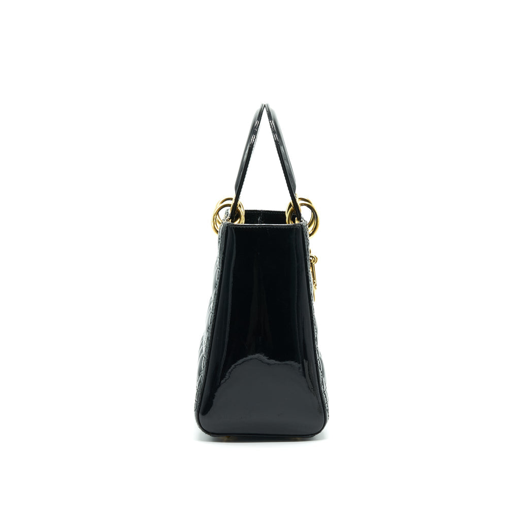 CHRISTIAN DIOR BLACK PATENT LEATHER MEDIUM LADY DIOR