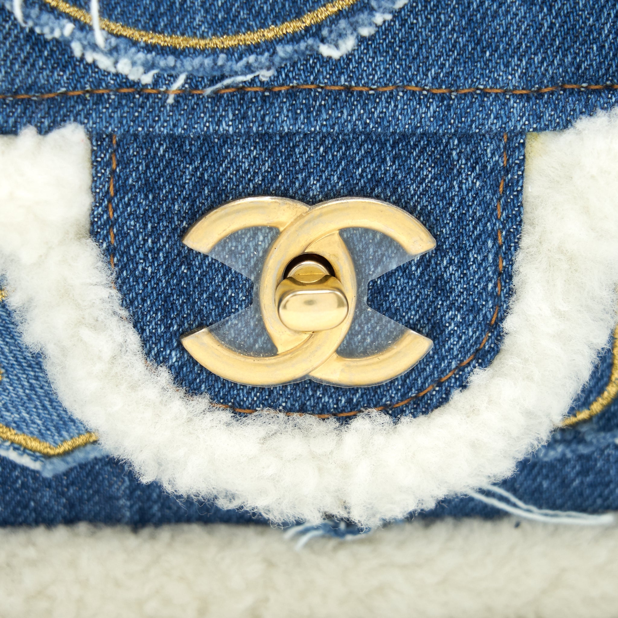 CHANEL DENIM SHEARLING HIEROGLYPH FLAP BLUE