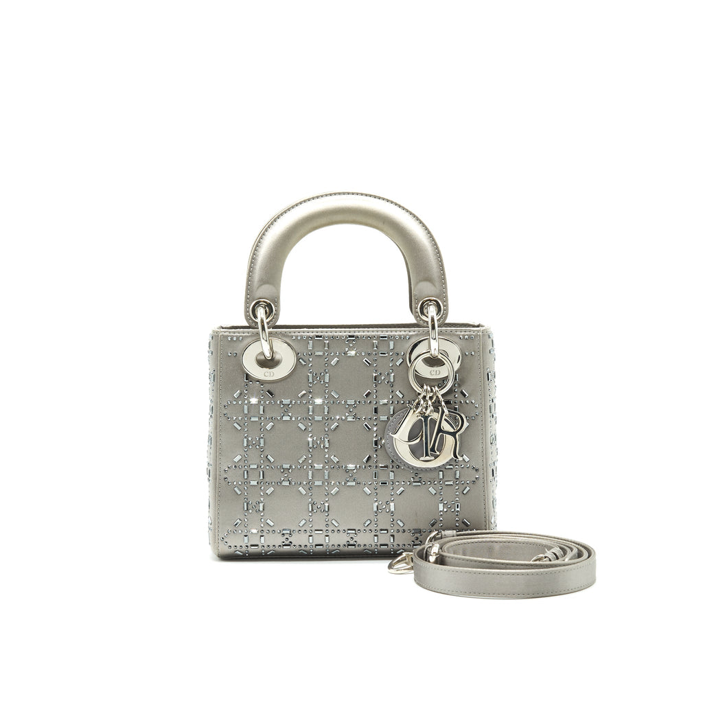 CHRISTIAN DIOR SATIN CRYSTAL CANNAGE MINI LADY DIOR GRAY