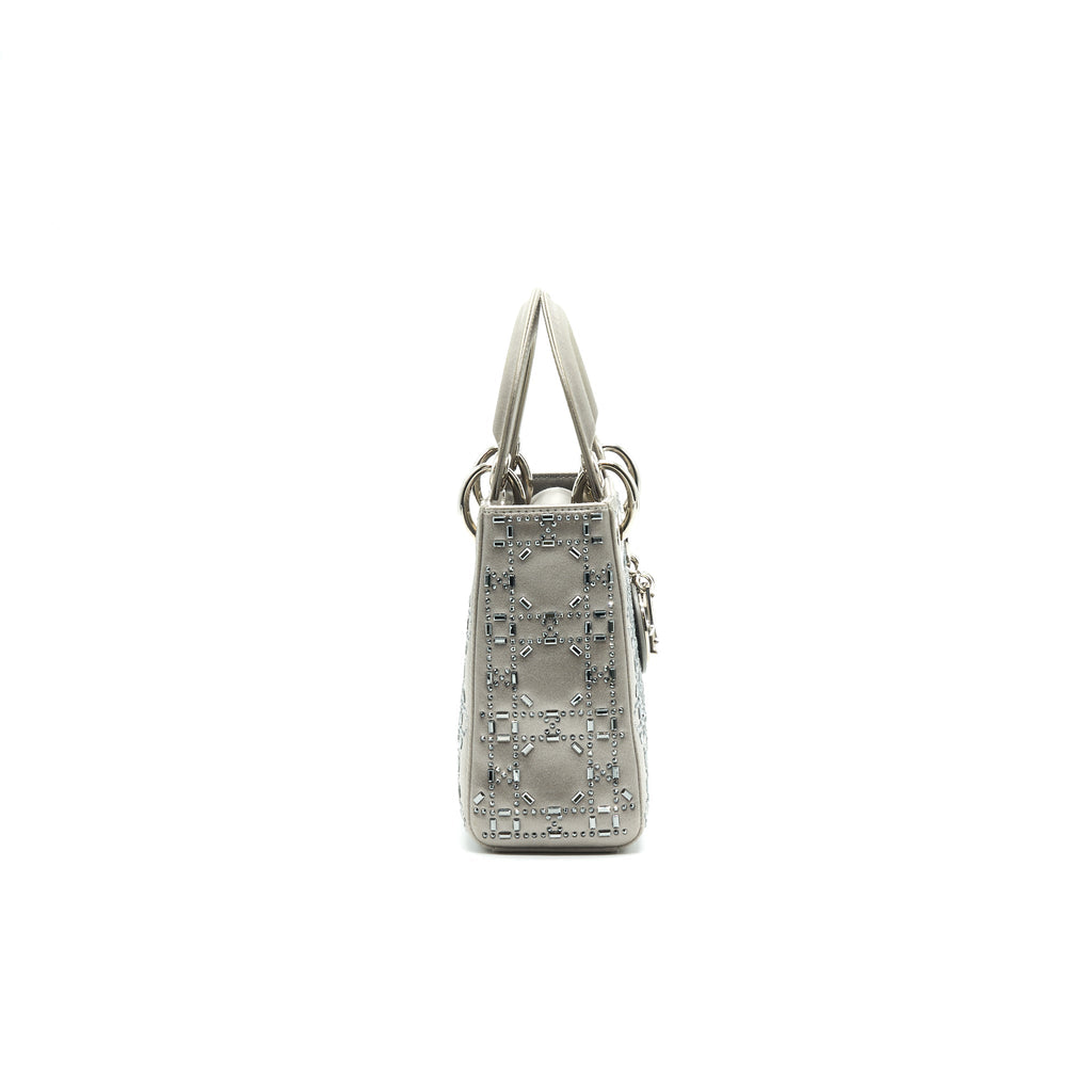 CHRISTIAN DIOR SATIN CRYSTAL CANNAGE MINI LADY DIOR GRAY